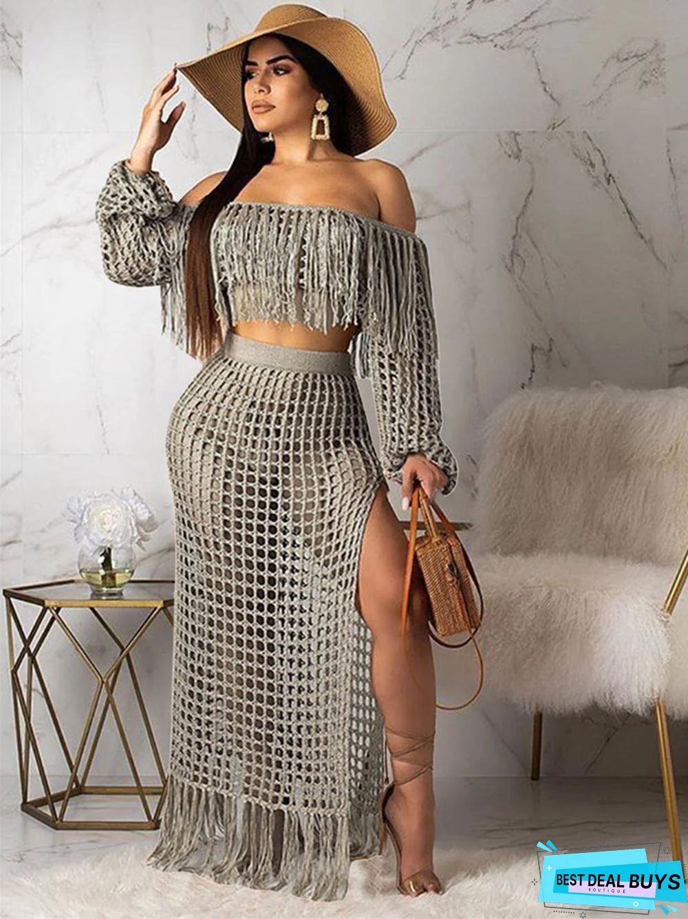 Women's Casual Mesh Fringed Beach Skirt 2-Piece Set