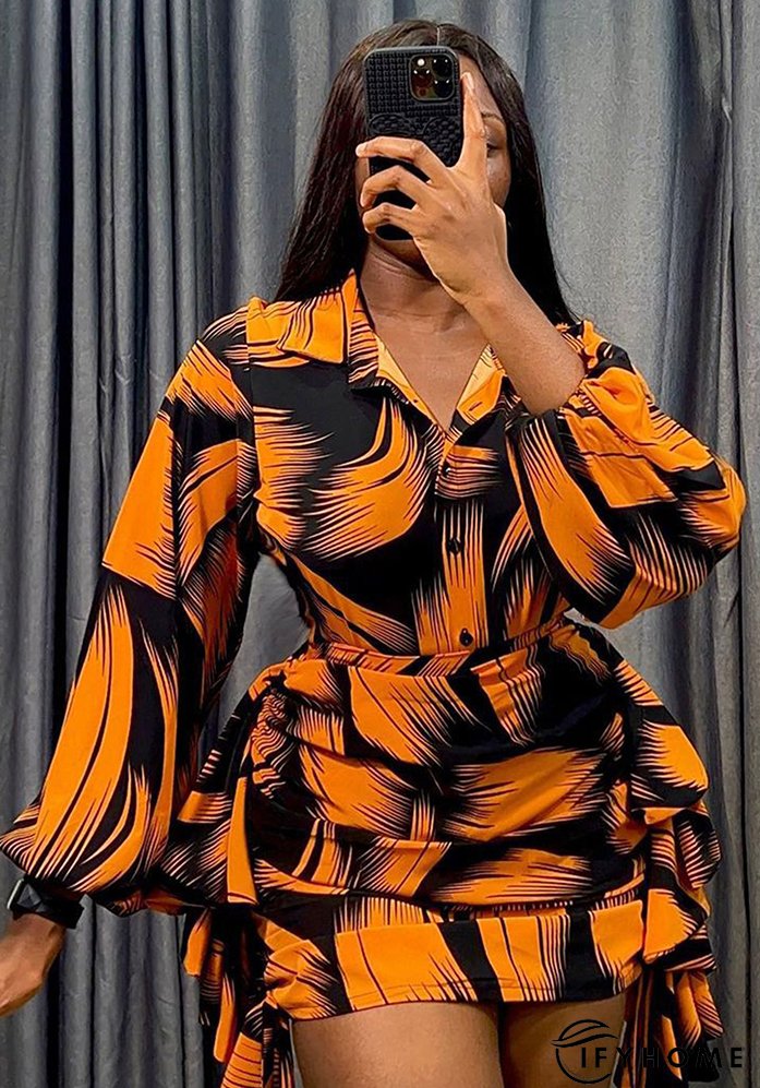 Printed Puff Sleeve Shirt Short Skirt Plus Size Two-Piece Set | IFYHOME