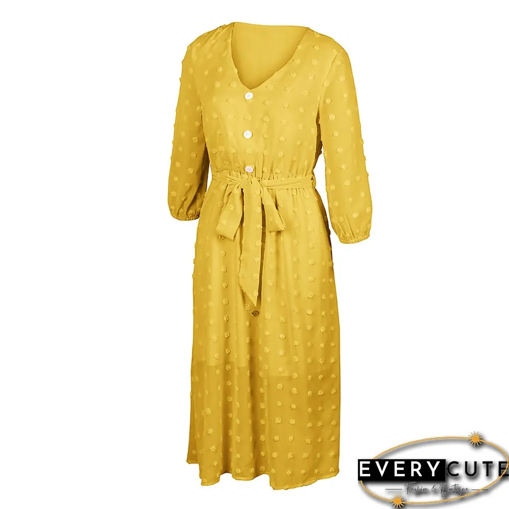 Yellow 1/2 Sleeve Button Down V Neck Casual Dress