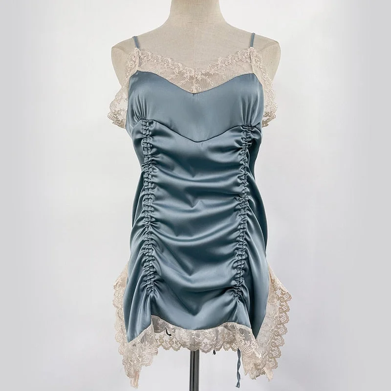 French Sexy Nightdress Women Sleepwear Summer Strap V-neck Lace Split Strap Nightgown Silk Night Dress Dropshipping