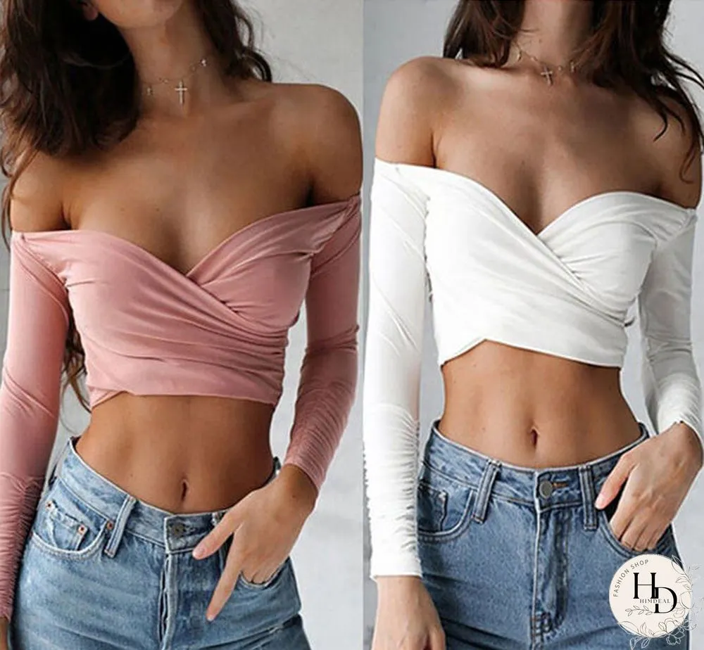 Sexy Deep V-neck Tops Cross Long Sleeve Lady Girl Crop OffThe Shoulder T-Shirt Summer