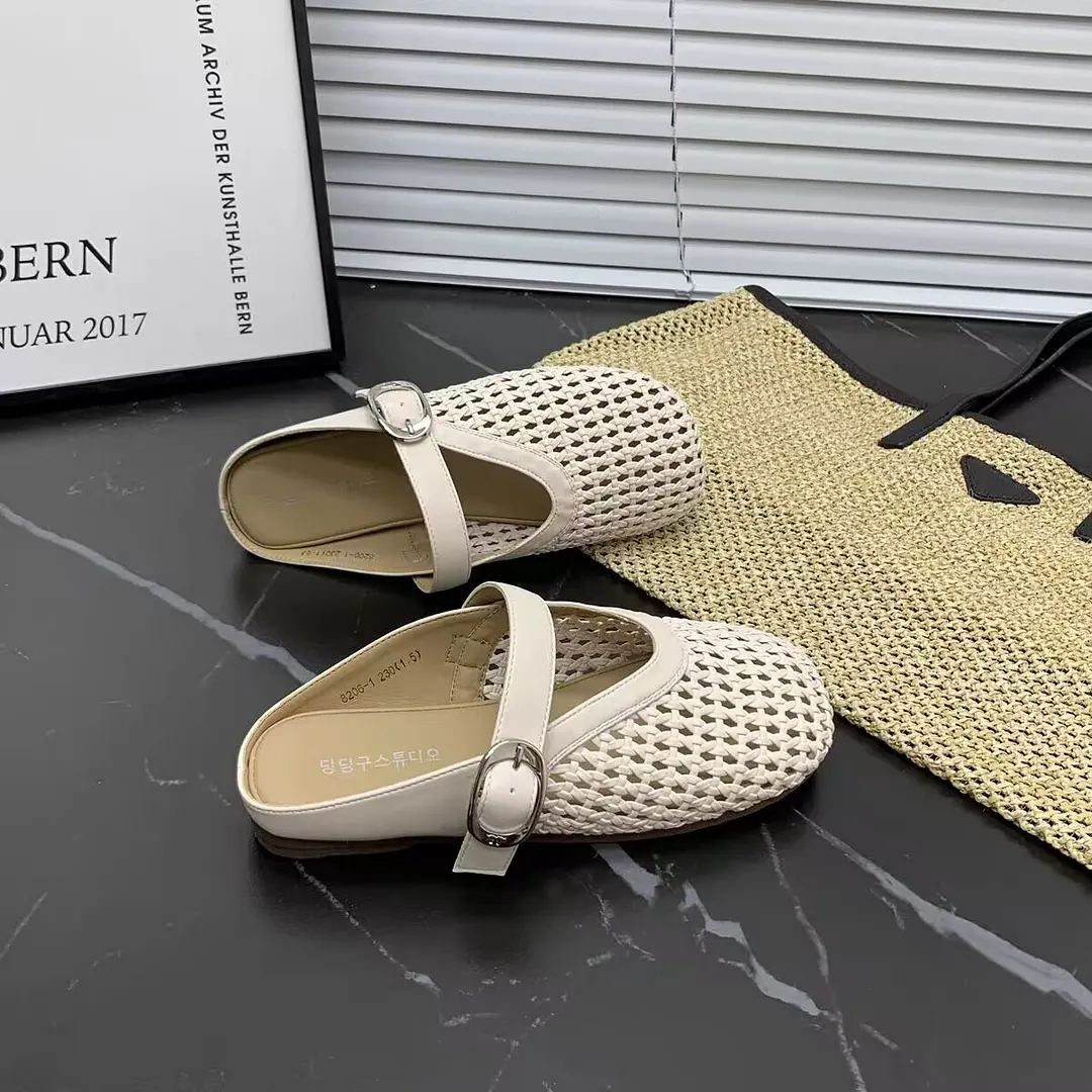 Yyvonne Woven Hollow Bag Head Cool Slippers Women 2025 New One-Word Single Shoes Casual Hole Shoes