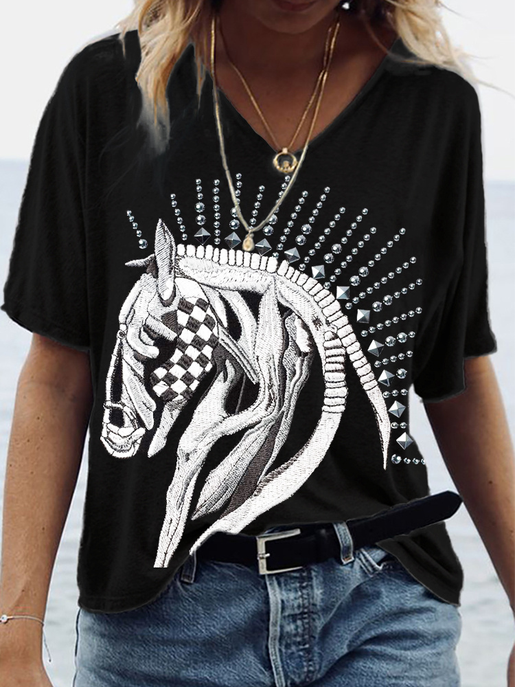  Western Horse Embroidery Rivet Art Casual T-Shirt Westsshops
