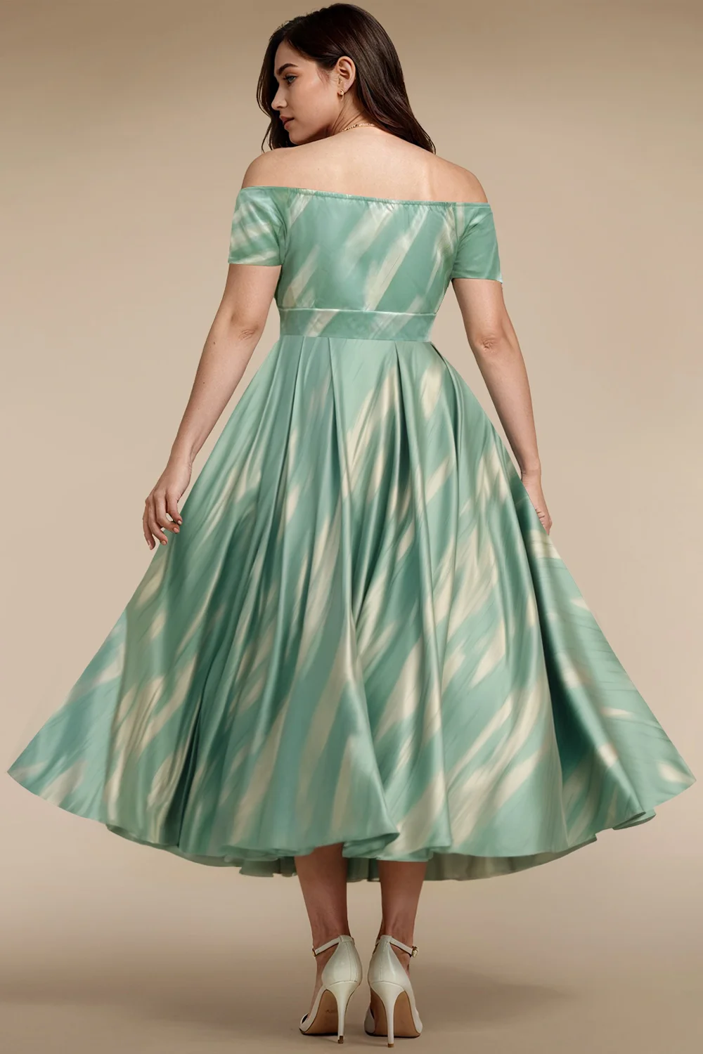 Flycurvy Plus Size Wedding Guest Sage Green Satin Off The Shoulder Water Ripple Print Tea-Length Dress