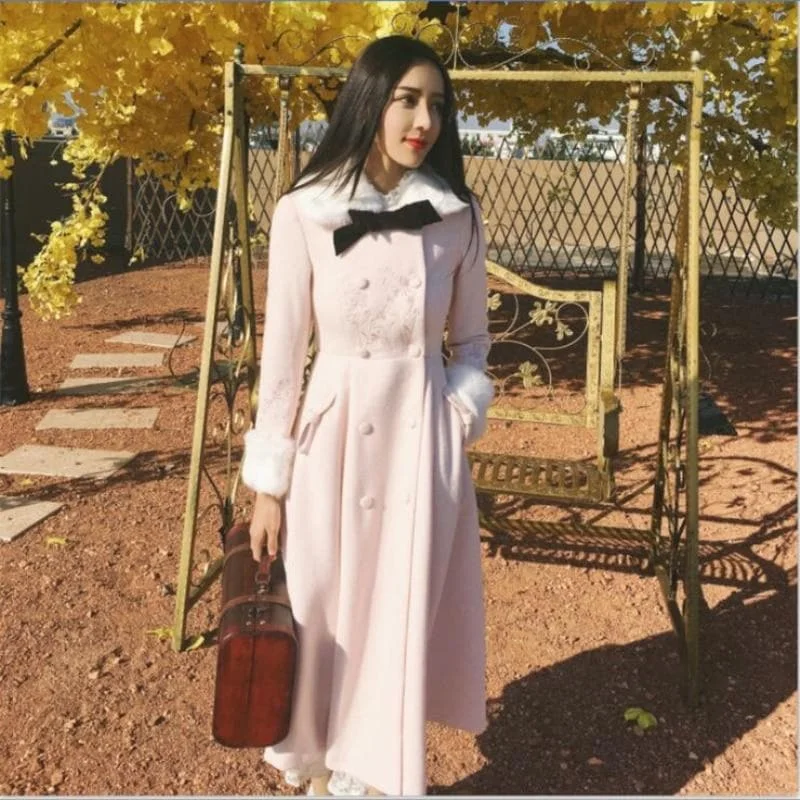 Light Pink Sweet Winter Woolen Double Breasted Maxi Long Dress Coat SP13263