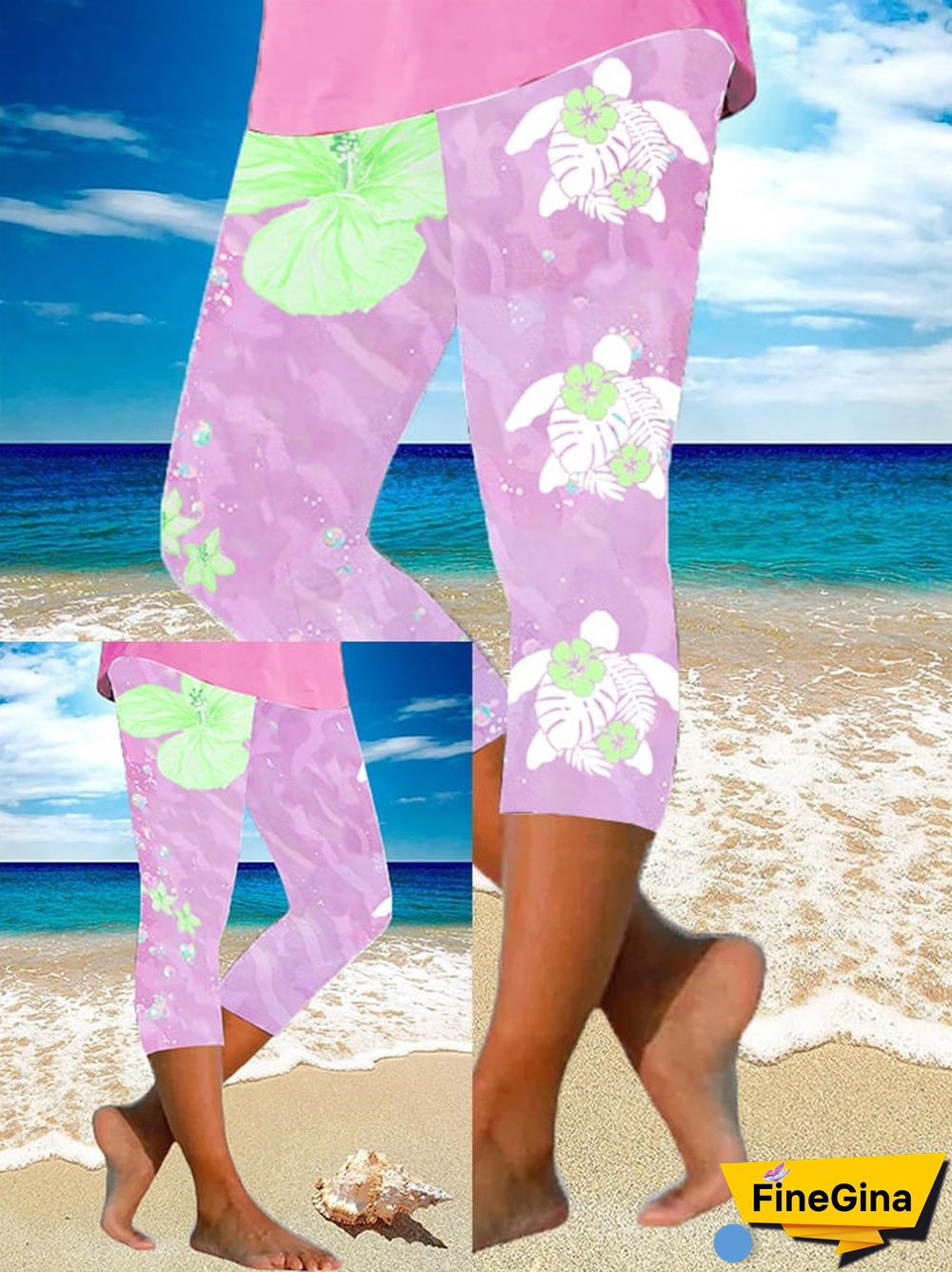 Women's Maui Lahaina Hibiscus Turtle Print Yoga Base Layer Cropped Pants