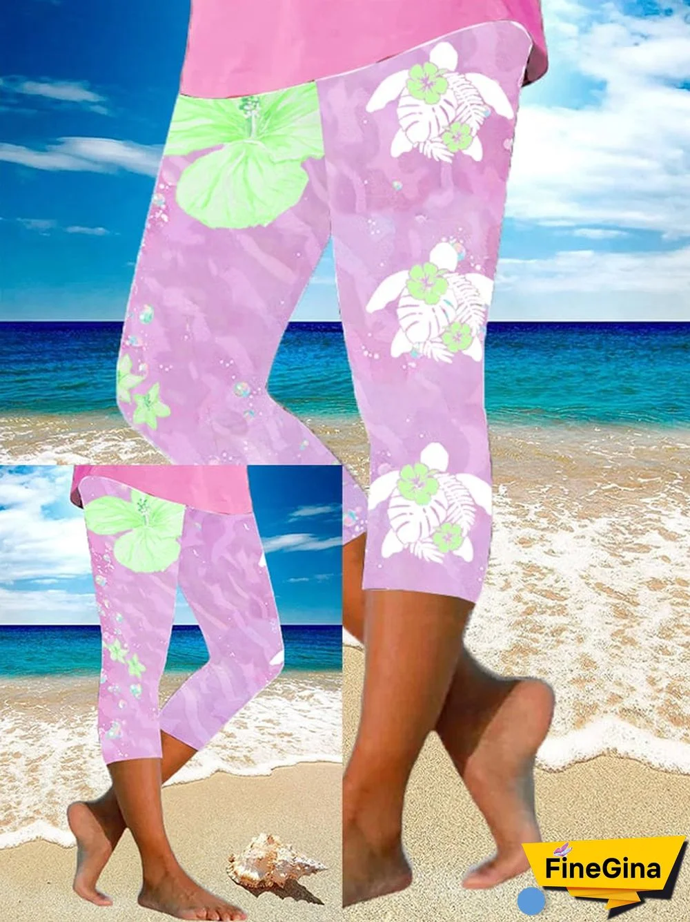 Women's Maui Lahaina Hibiscus Turtle Print Yoga Base Layer Cropped Pants