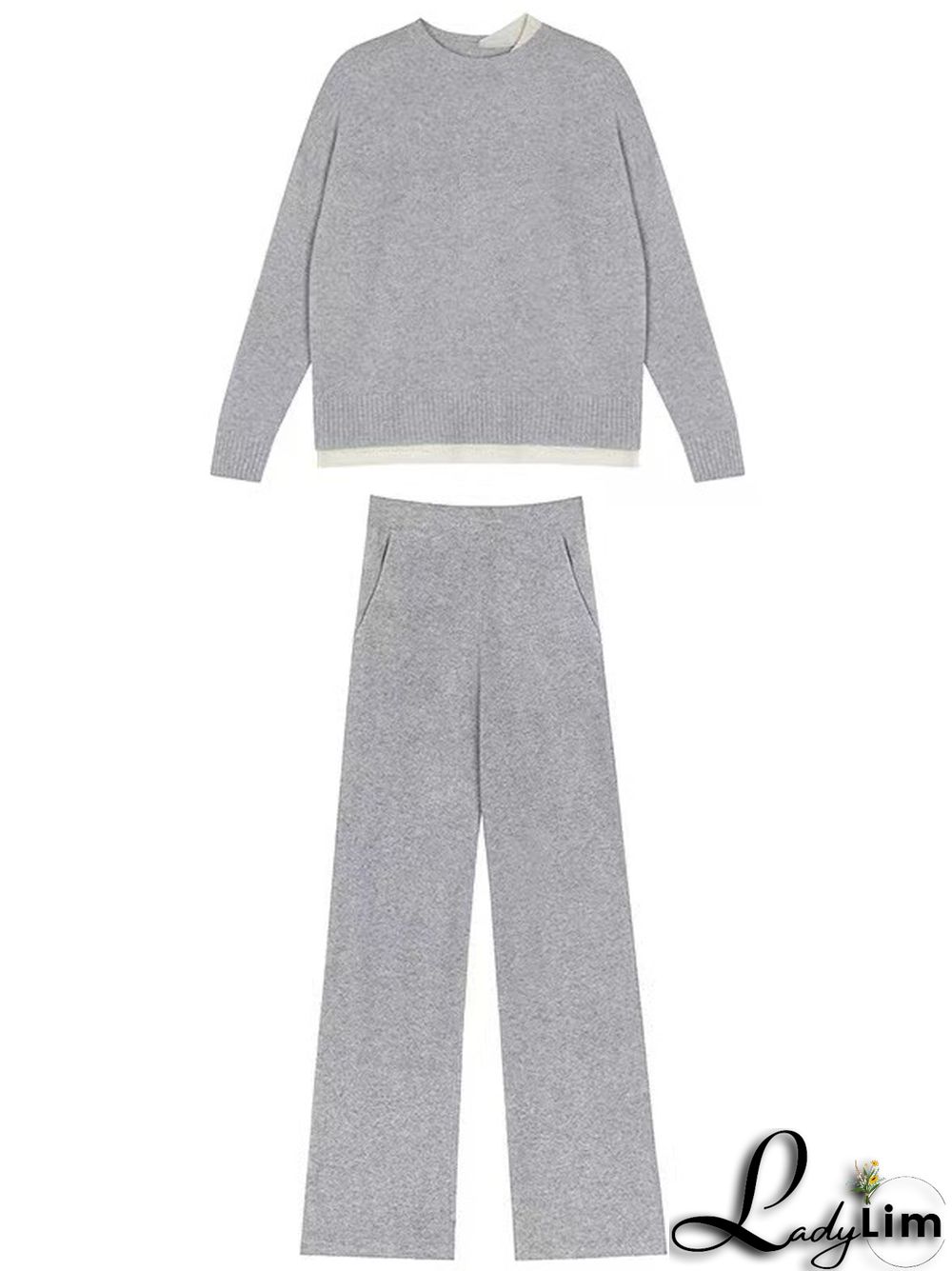 Casual Loose Solid Color Round-Neck Sweater Tops & Wide Leg Pants Suits