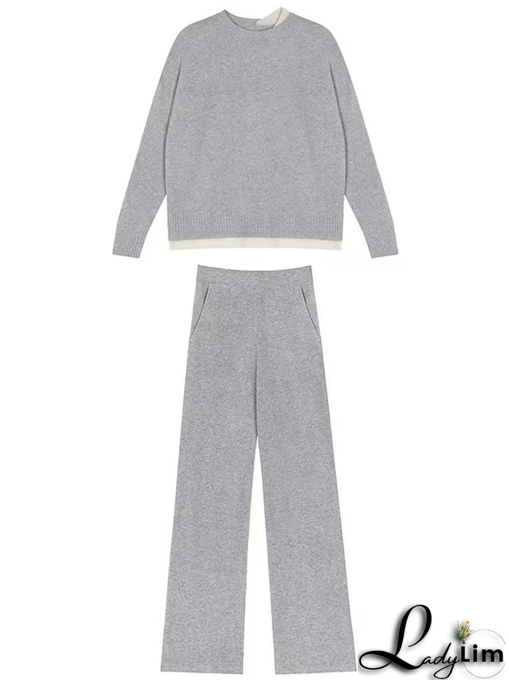 Casual Loose Solid Color Round-Neck Sweater Tops & Wide Leg Pants Suits