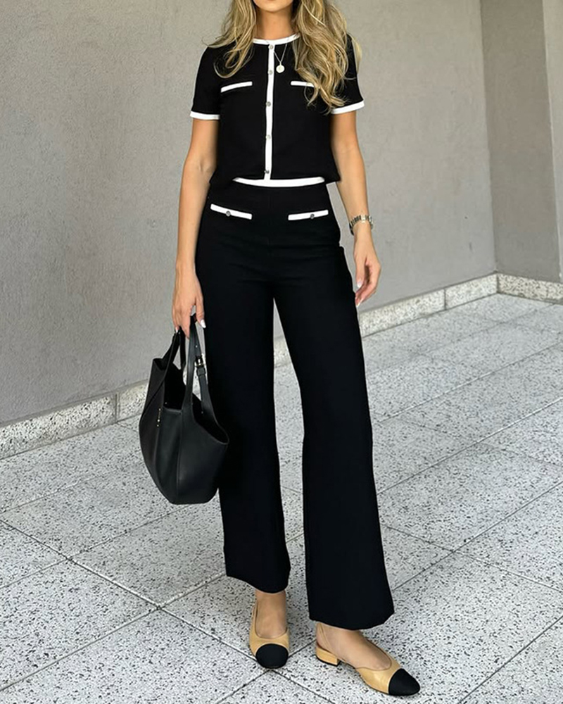 White Trim Detail Round Neck Short Sleeve Top & Wide Leg Pants