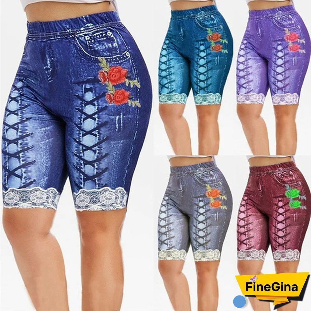 Women Lace Up Floal Print Faux Faux Denim Shorts Casaul Slim Fit Capri Shorts Leggings