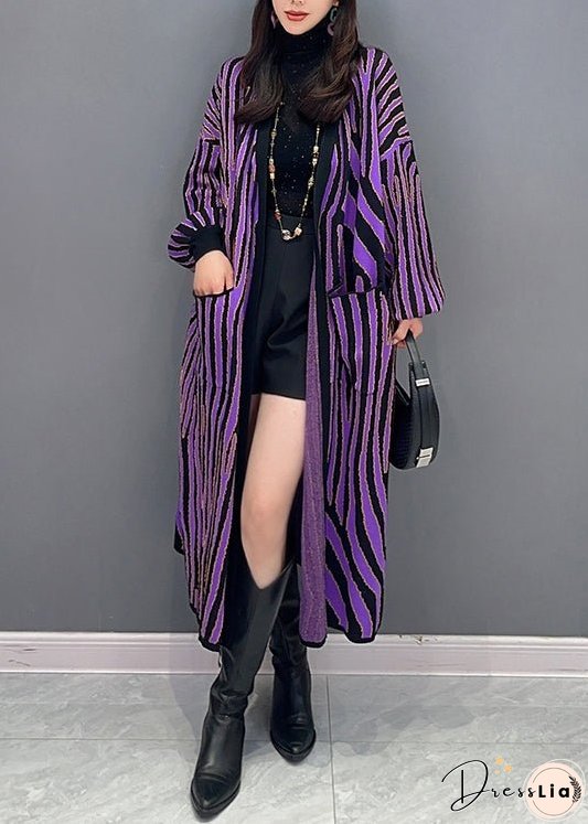Women Purple Striped Pockets Patchwork Knit Long Cardigan Fall