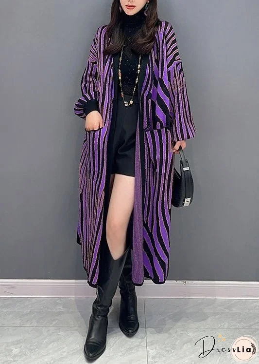 Women Purple Striped Pockets Patchwork Knit Long Cardigan Fall