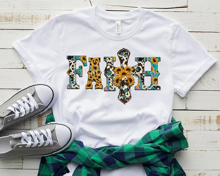 Western  Faith Sunflower Turquoise Cross Cow T-Shirt