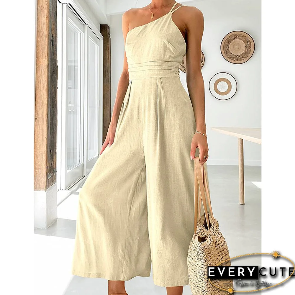 Off White One-shoulder Pocketed Wide Leg Jumpsuit