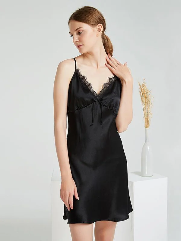 19 Momme Luxury Black Sexy Lace Silk Nightgown