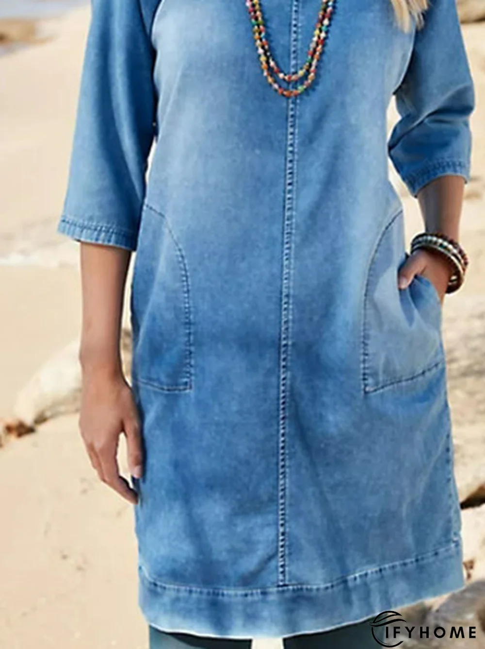Crew Neck Denim Casual Plain Dress | IFYHOME