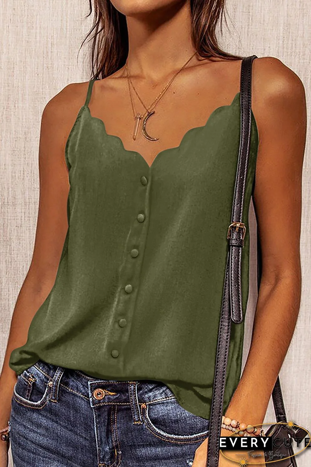 Green Spaghetti Straps Buttoned V Neck Vest