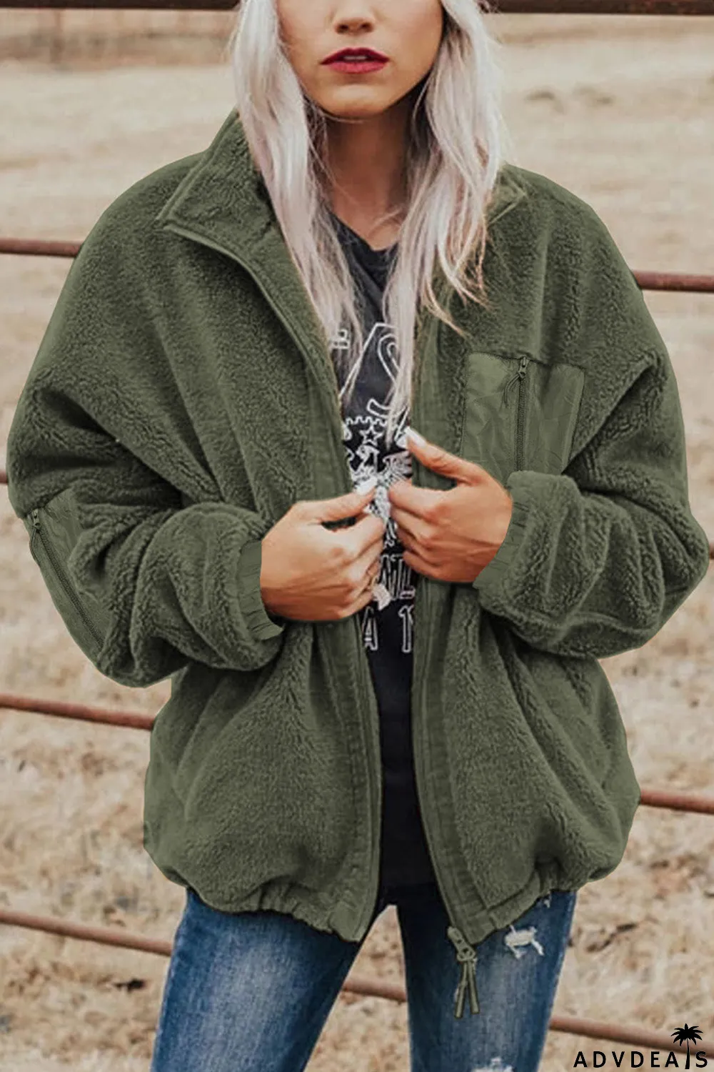 Zip Up Sherpa Coat With Pocket