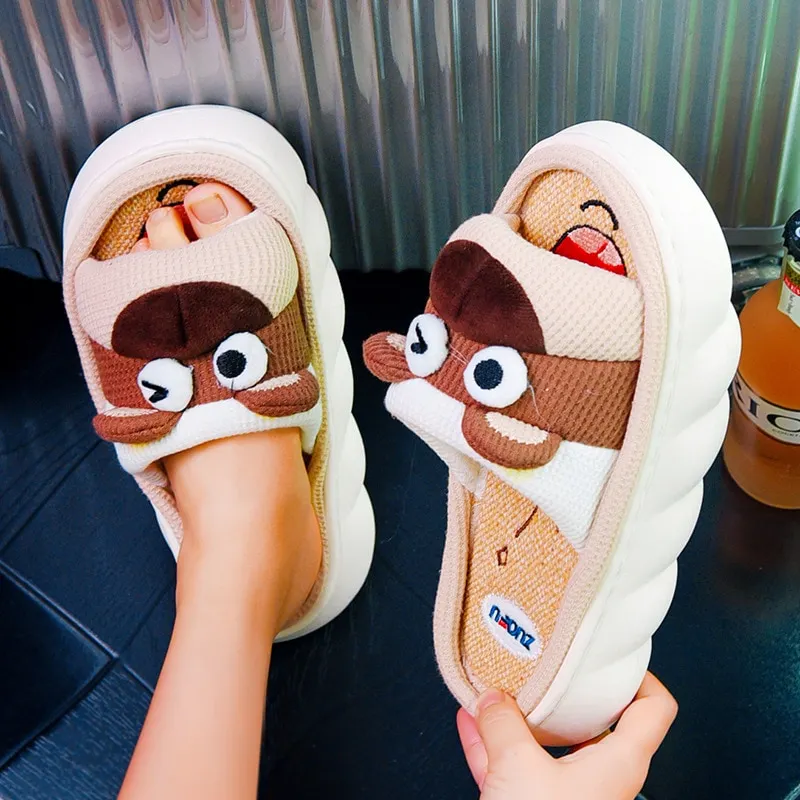 Yyvonne New Fashion Linen Slippers Women Cute Squirrel Home Platform Slippers Comfort Cartoon Couple Ladies Slides Free Shipping