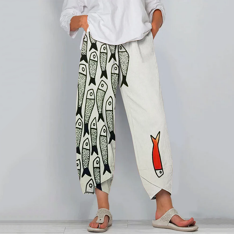 Comstylish Retro Fun Sardinas Fish Art Cropped Casual Pants