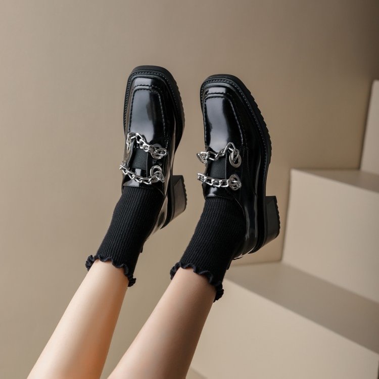 Leather Deep Cut Metal Chain Patent Leather Business Shoes-PABIUYOU- Women's Fashion Leader