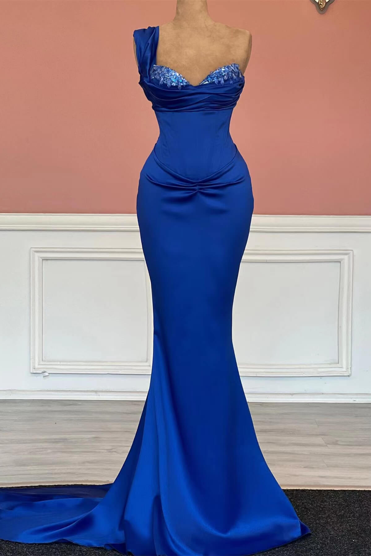 Oknass Royal Blue Long Mermaid Sweetheart One-Shoulder Prom Dress With Sequins