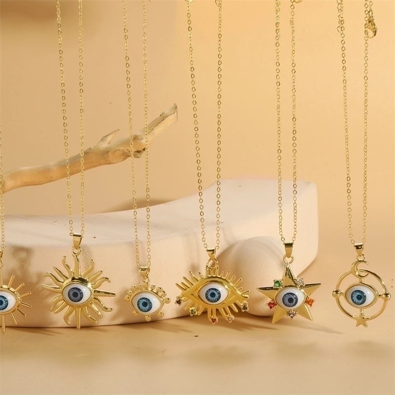 Vintage Style Minimalist Commute Sun Copper Plating Inlay Resin Zircon 14k Gold Plated Pendant Necklace