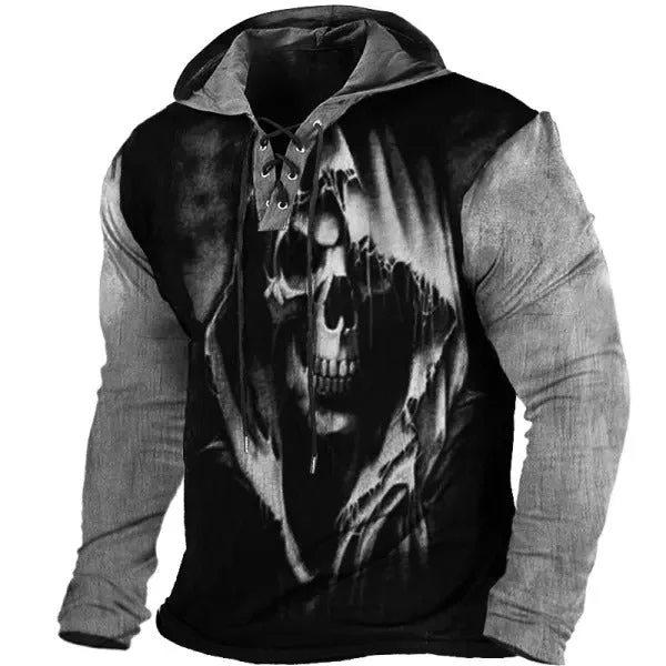 Mens Outdoor Skull Print Henley Long Sleeve Vintage Tie National Flag Tactical Classic Button-Down Hoodie