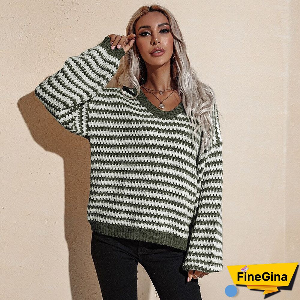 Ladies Sweater Puff Sleeve Pullovers Knitwear Women's Sweater Oversize Striped Off The Shoulder Sweaters Women Fashion Autumn