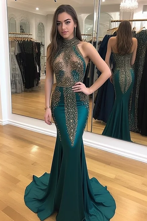 Daisda Dark Green Halter Sleeveless Mermaid Sequins Beading Prom Dress