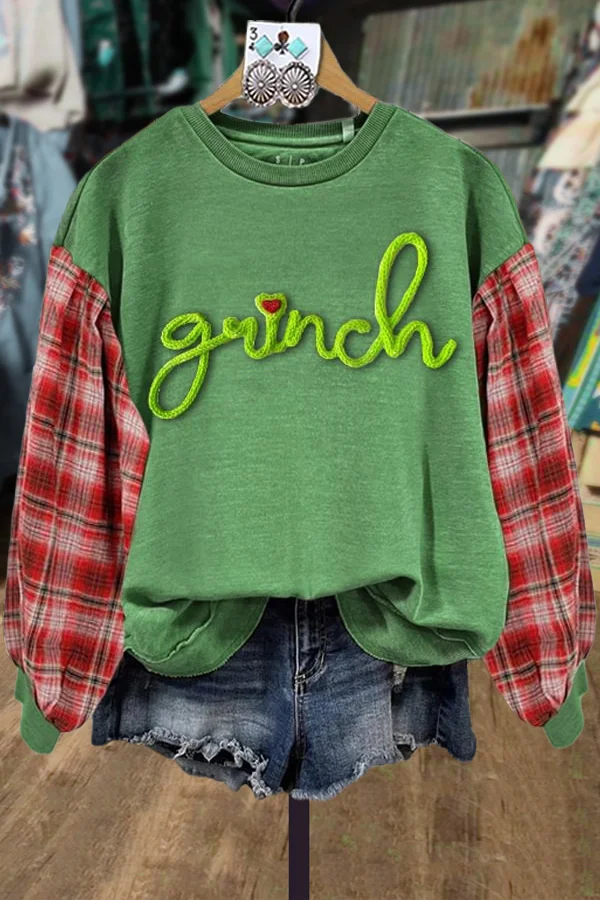 Grinch Embroidered Plaid Long Sleeve Sweatshirt