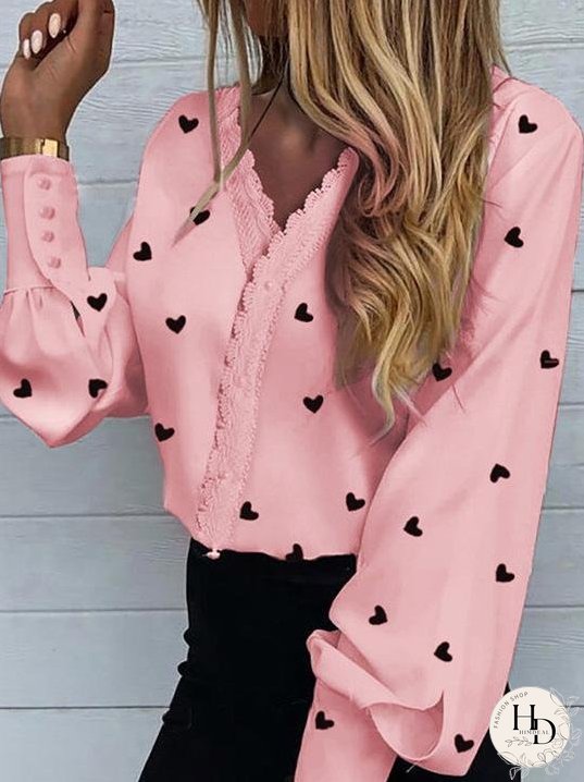 Blouses Love Print Lantern Long Sleeve Blouses for Women