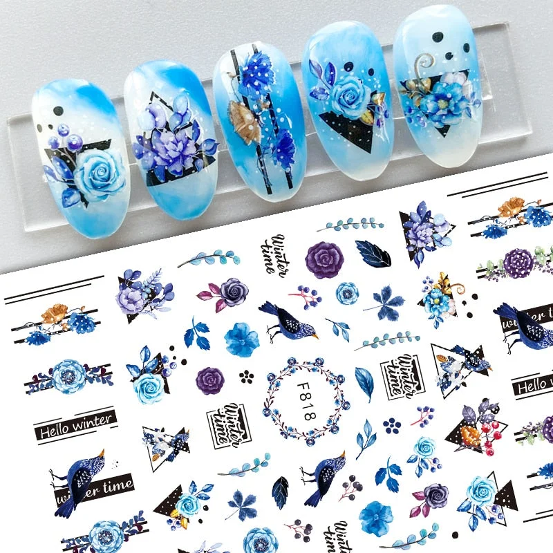 Geometric Lines Flower Leaf 3D Nail Stickers Blue Gold Cool Fall Leaves Spring Transfer Slider Nail Art Decoration Manicures-Nail Inspo
