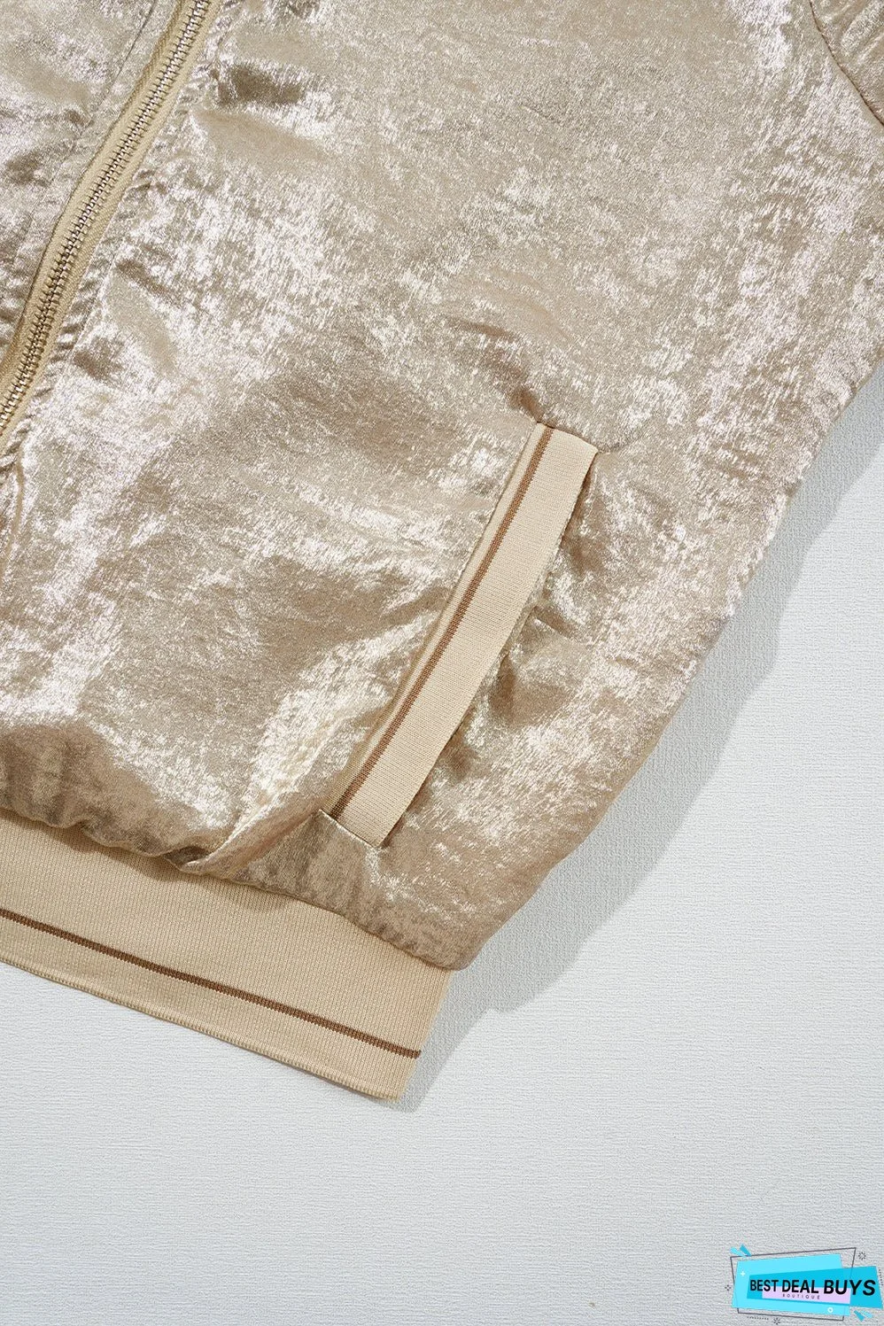 Pale Khaki Metallic Zip up Baseball Jacket