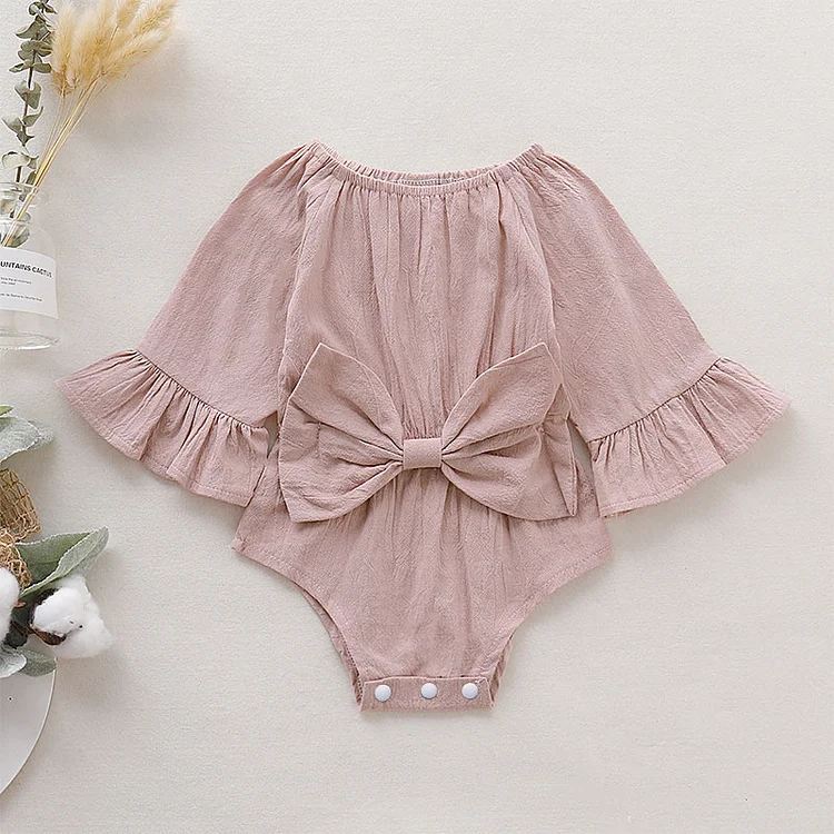 Baby Girls Bow Solid Color Ruffled Sleeve Bodysuit