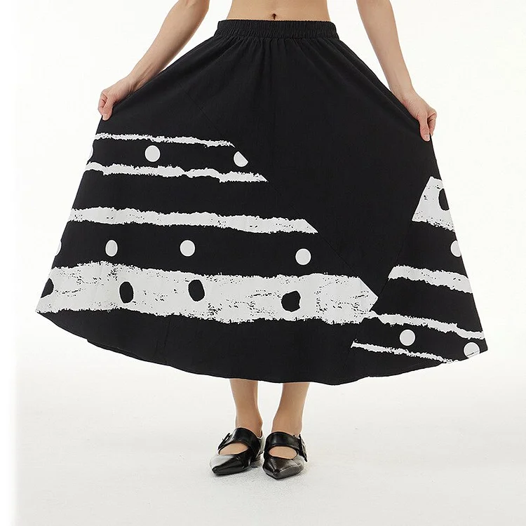 Fashion Loose Elastic Waist Asymmetric Contrast Color Printed Patchwork Skirt