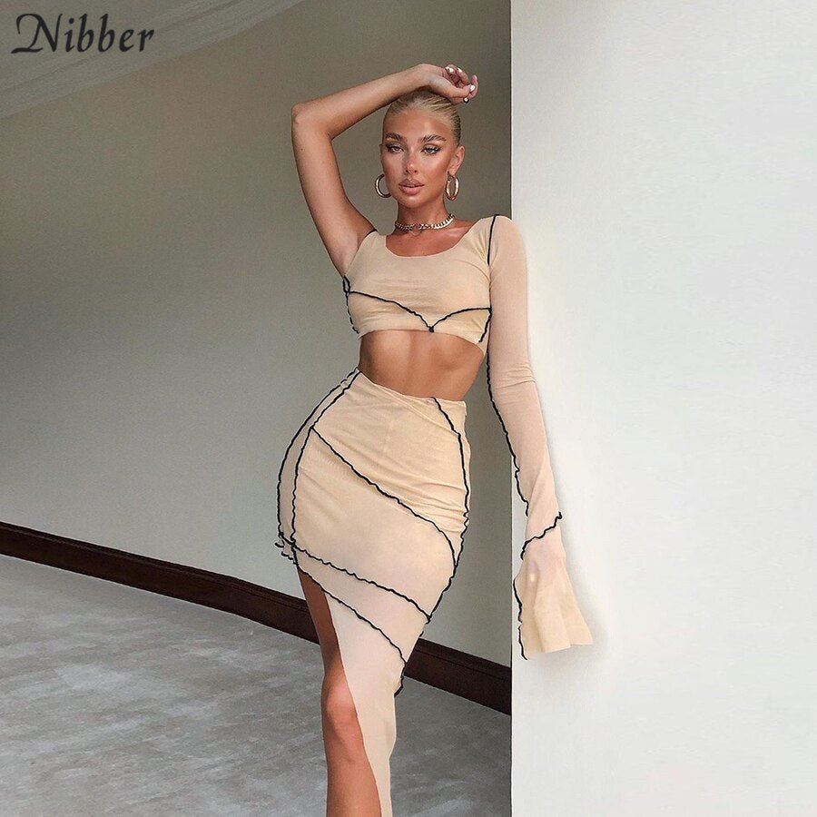 Nibber sexy club mesh see-through Patchwork asymmetry Bodycon 2 pieces set women long sleeve crop top and skinny mini skrit set