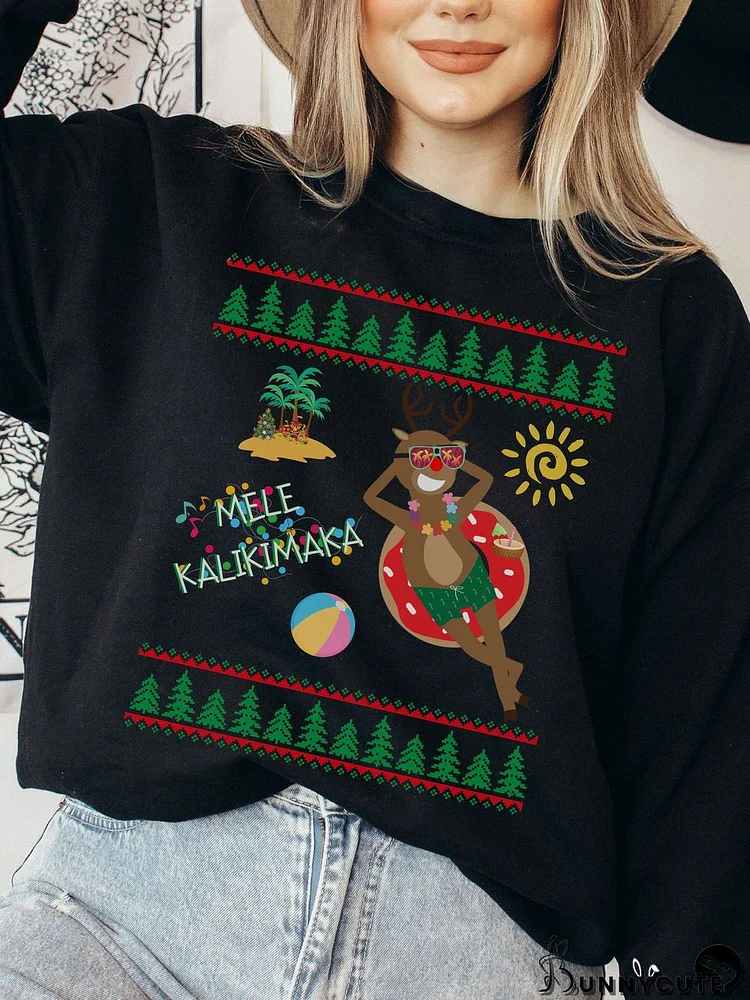 Women's Funny Deer Christmas Mele Kalikimaka Print Sweatshirt