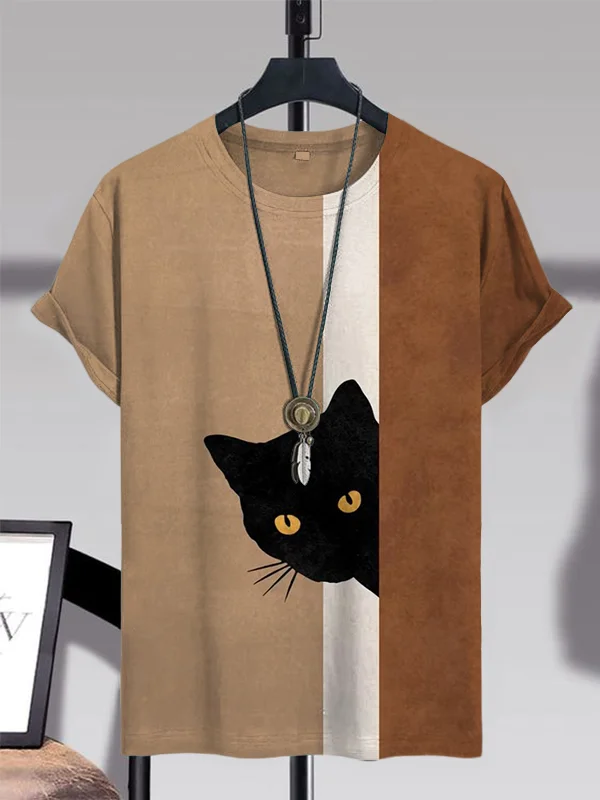 Men's Fun Hide And Seek Black Cat Print Casual T-Shirt