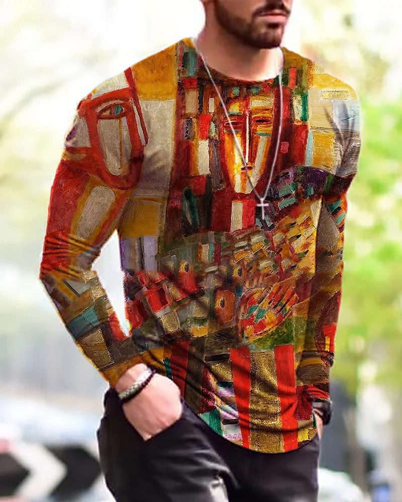 men's long-sleeved T-shirt with abstract color block printing
