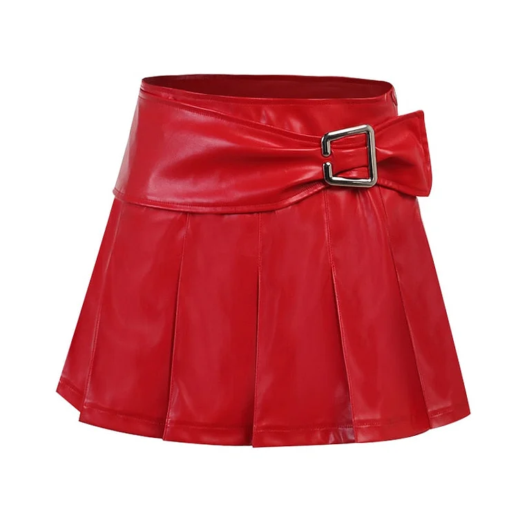InsDoit Faux Leather Gothic Red Pleated Skirt Harajuku Punk Streetwear High Waist Skirt Women Aesthetic E Girl Y2K Mini Skirts