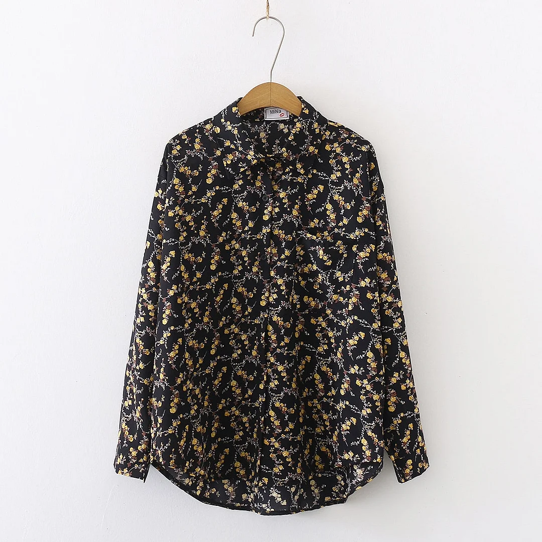 Spring New Women Vintage Loose Letter Floral Shirt Long Sleeve Button Up Chiffon Blouse Turn-Down Collar Autumn Casual Tops T094