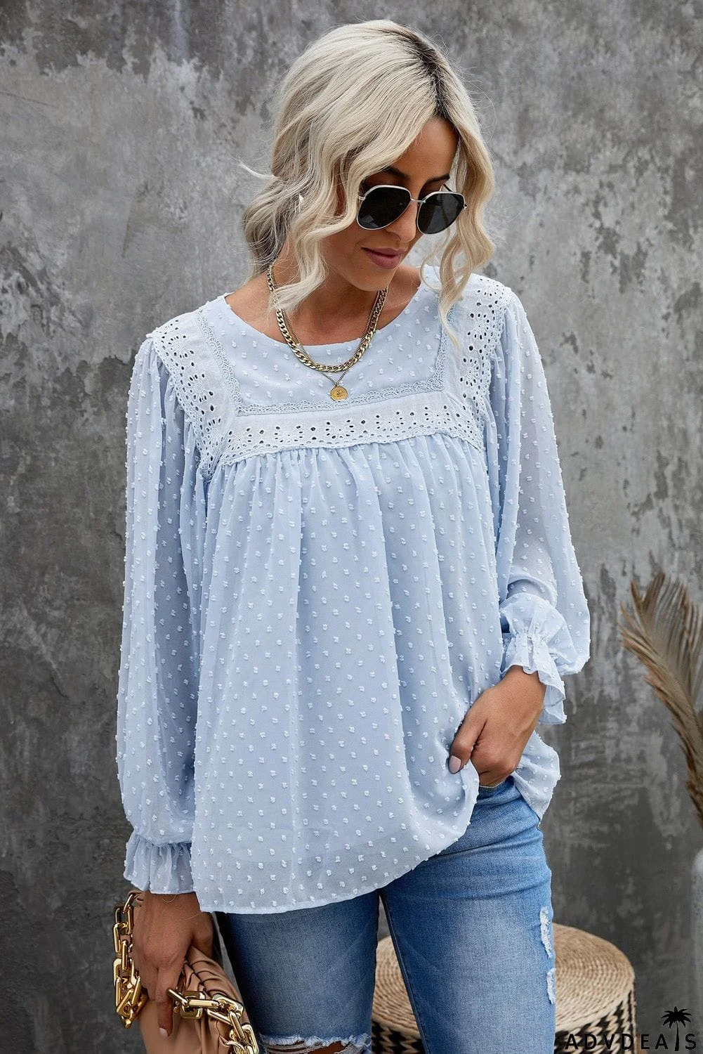 Swiss Dot Hollow Out Ruffle Sleeve Blouse