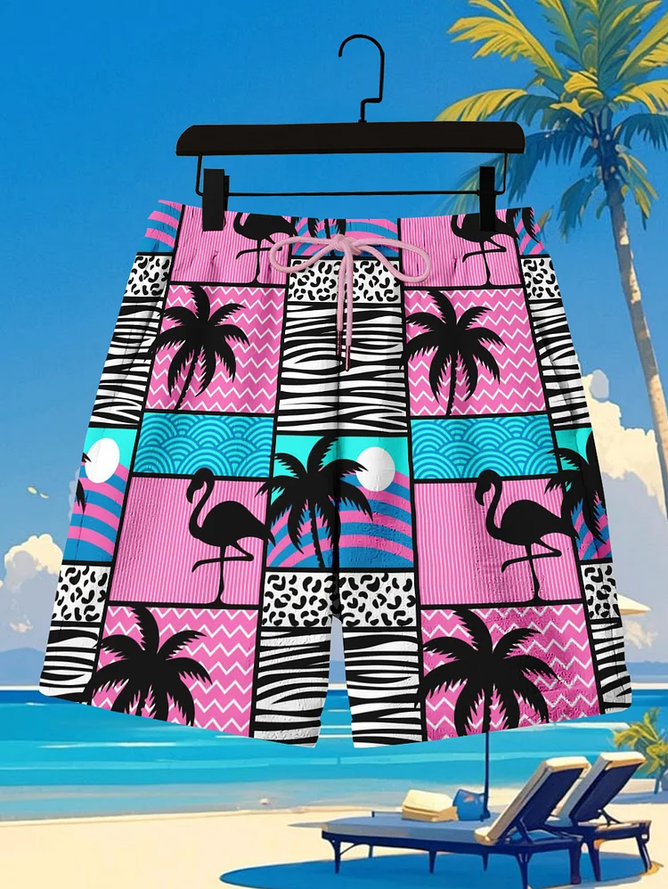Men's Flamingos And Palms Exotic Hawaii Art Print Casual Shorts