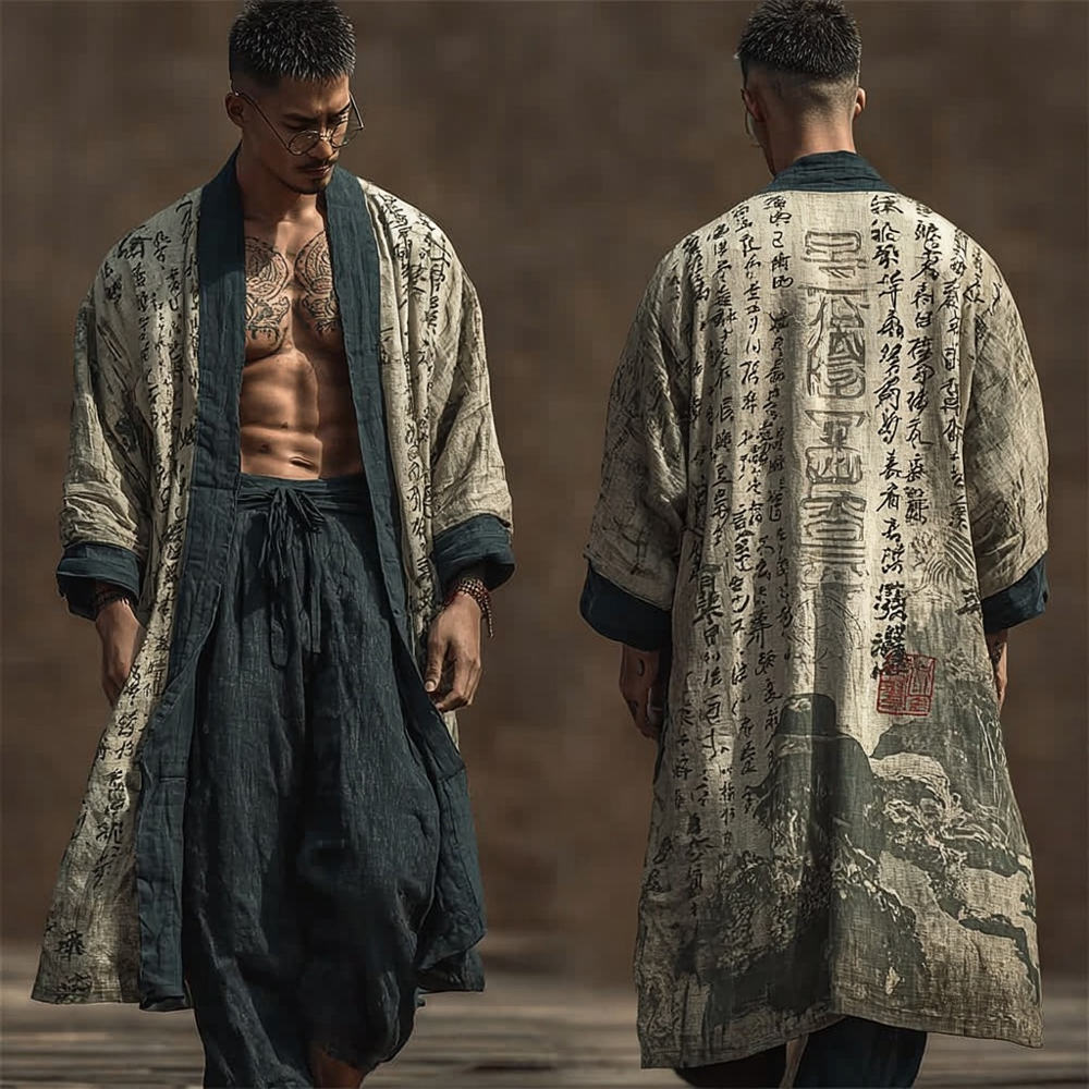 Men's Japanese Landscape Calligraphy Art Cozy Linen Long Kimono  artssus