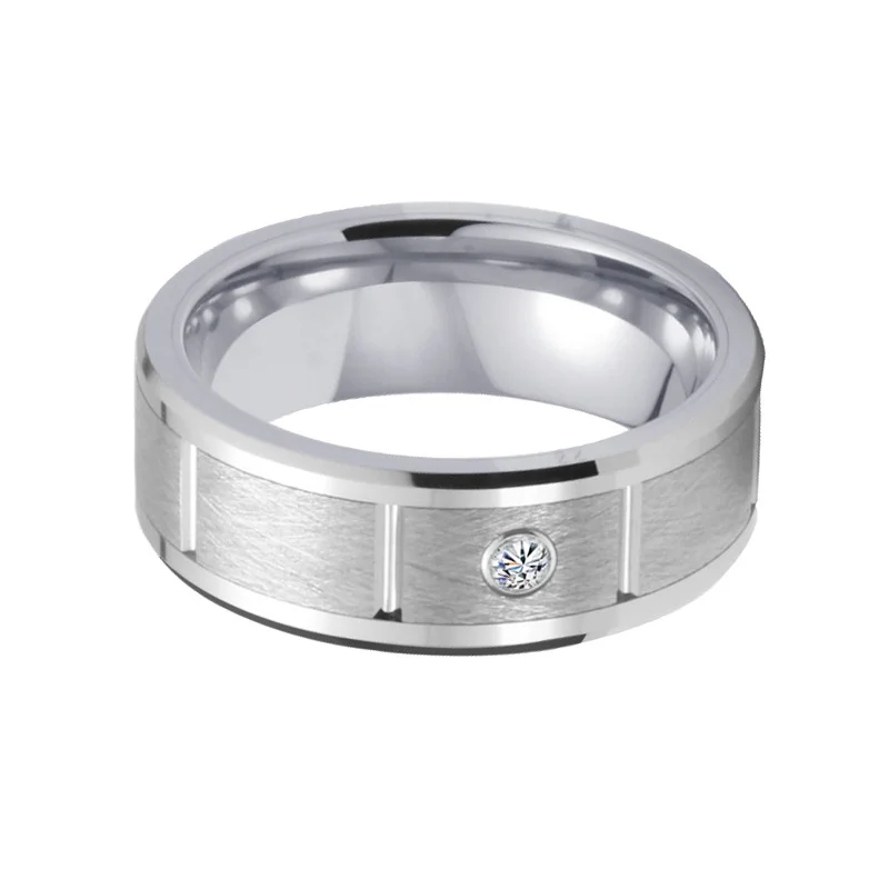 8MM Women's Or Men's Silver Tungsten Carbide Rings Brushed Beveled Edge Zircon Inlay Grooved