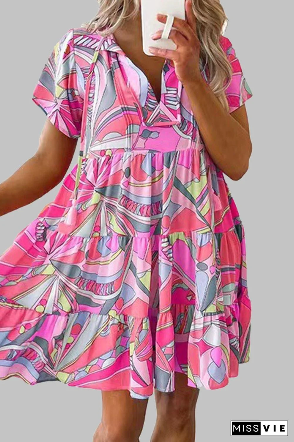 Bohemian Geometric Print V Neck A Line Dresses