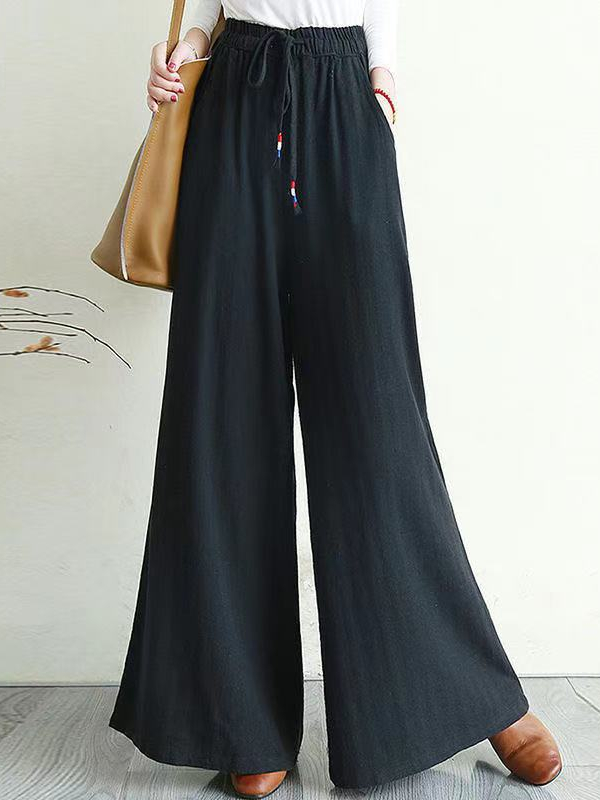 Loose Drawstring Elastic Waist Solid Color Casual Pants