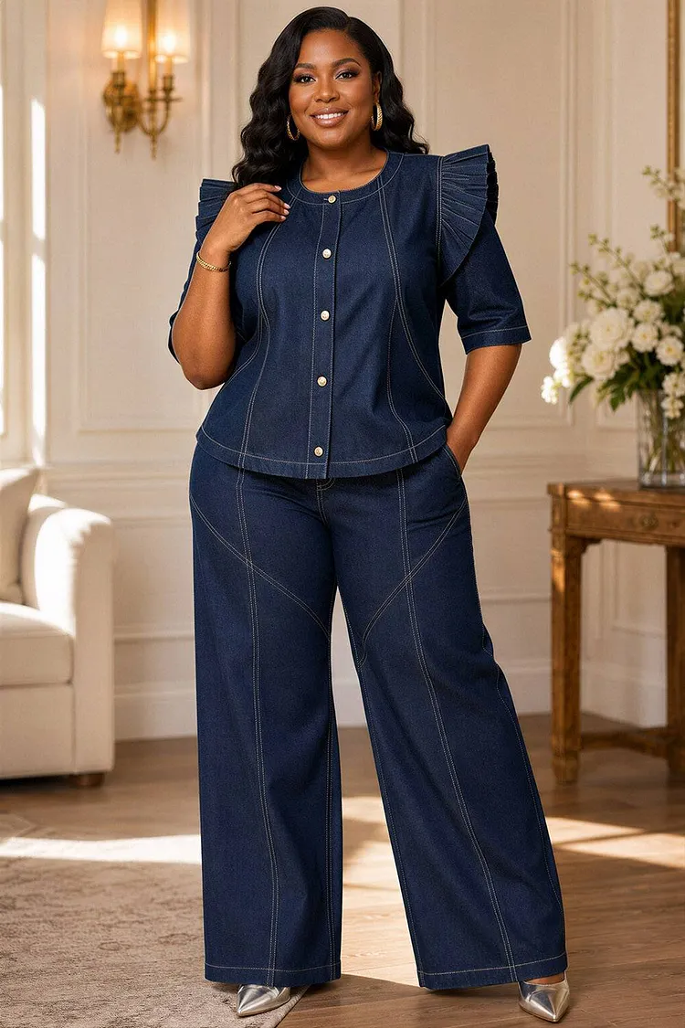 Xpluswear Design Plus Size Business Casual Elegant Blue Round Neck Short Sleeve Ruffle Pocket Tencel Denim Two Piece Pant Sets [Pre-Order] 2024 - Xpluswear
